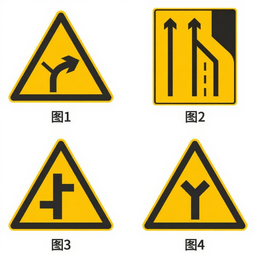 以下交通标志中表示前方车道数量减少的是（）。