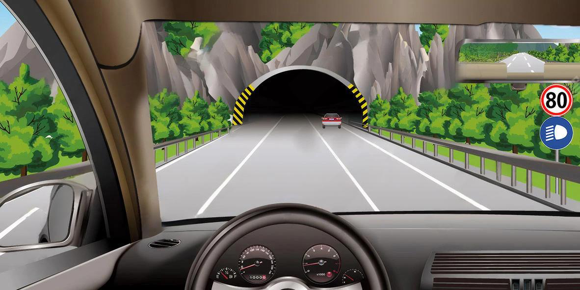 图中交通标志表示应提前将车速调整到80km/h以下，开启车灯…