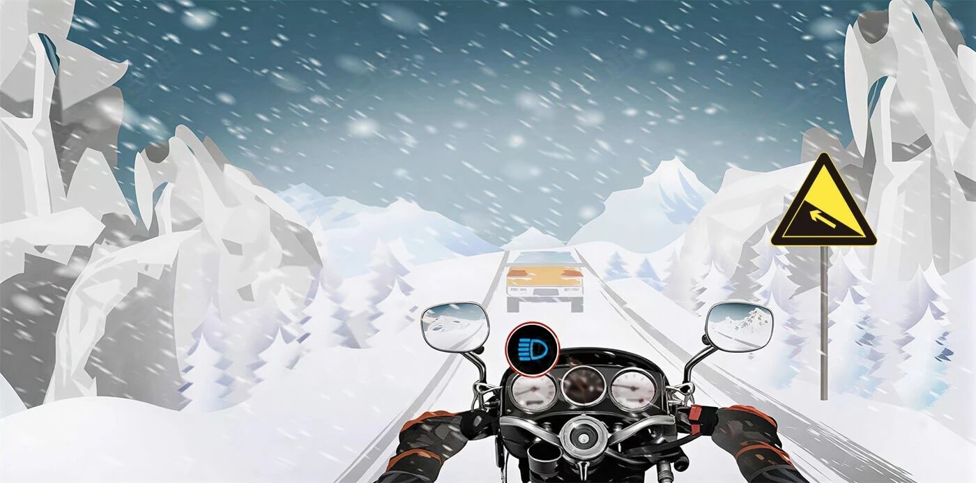 驾驶摩托车遇图中山区冰雪道路前车正在爬坡，以下做法正确的是（…