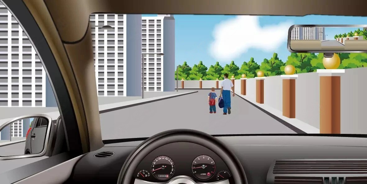 如图所示，驾驶机动车在居民小区遇到这种情形要紧跟其后行驶。
