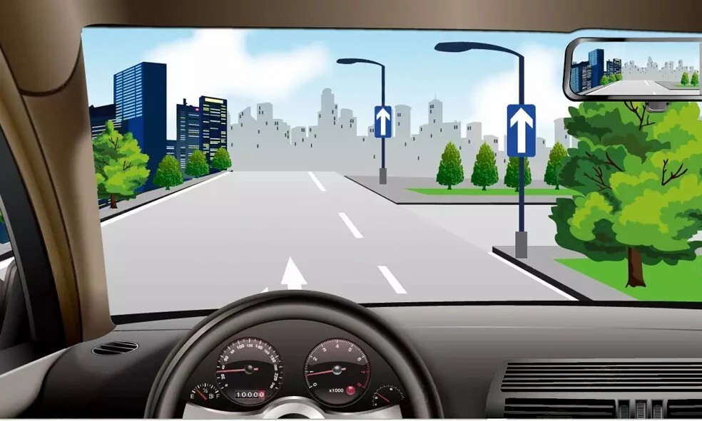 如图所示，道路右侧车行道边缘白色虚线指示允许跨越。