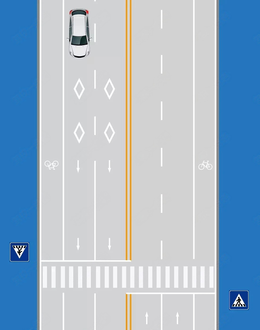 如图所示，路面上菱形标识预告前方道路设置人行横道。