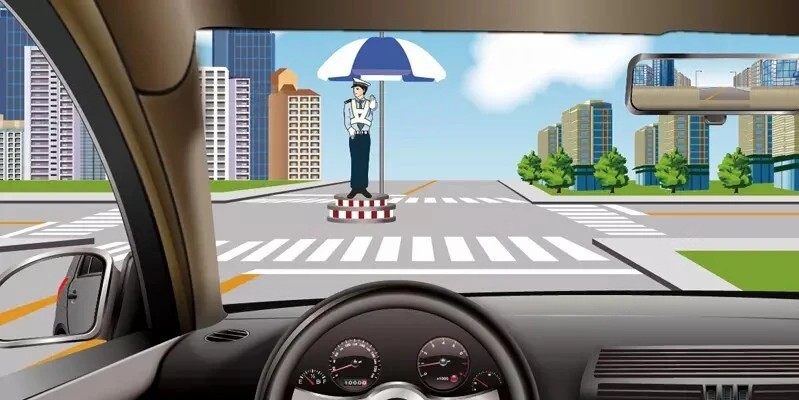 驾车遇图中交警手势信号，以下做法正确的是（）。
