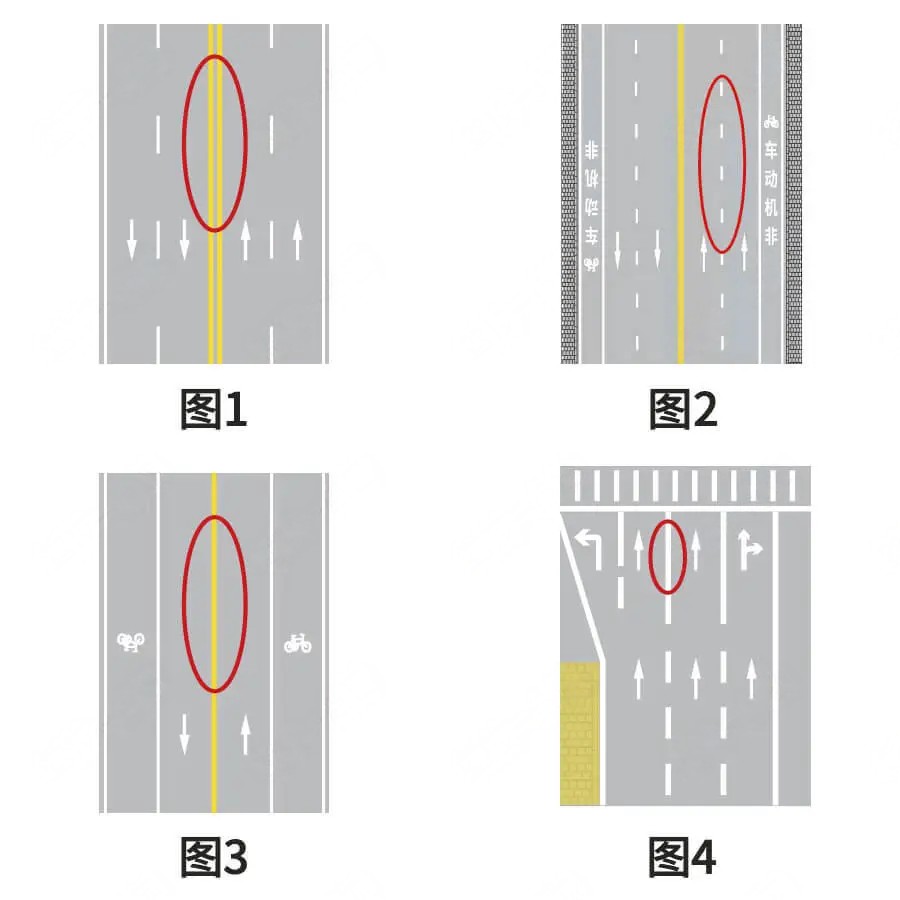 图中红色圈内交通标线允许车辆跨越行驶的是()。