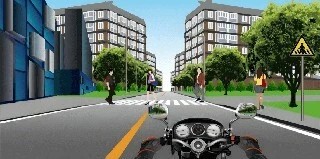 驾驶摩托车遇图中行人正在通过人行横道时，以下做法正确的是（）…