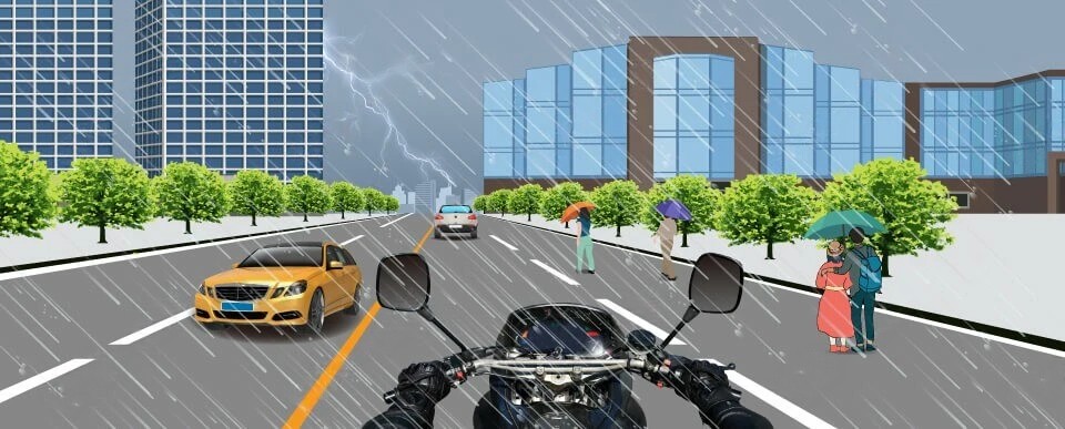 如图所示，雨天驾驶摩托车，以下做法正确的是（）。
