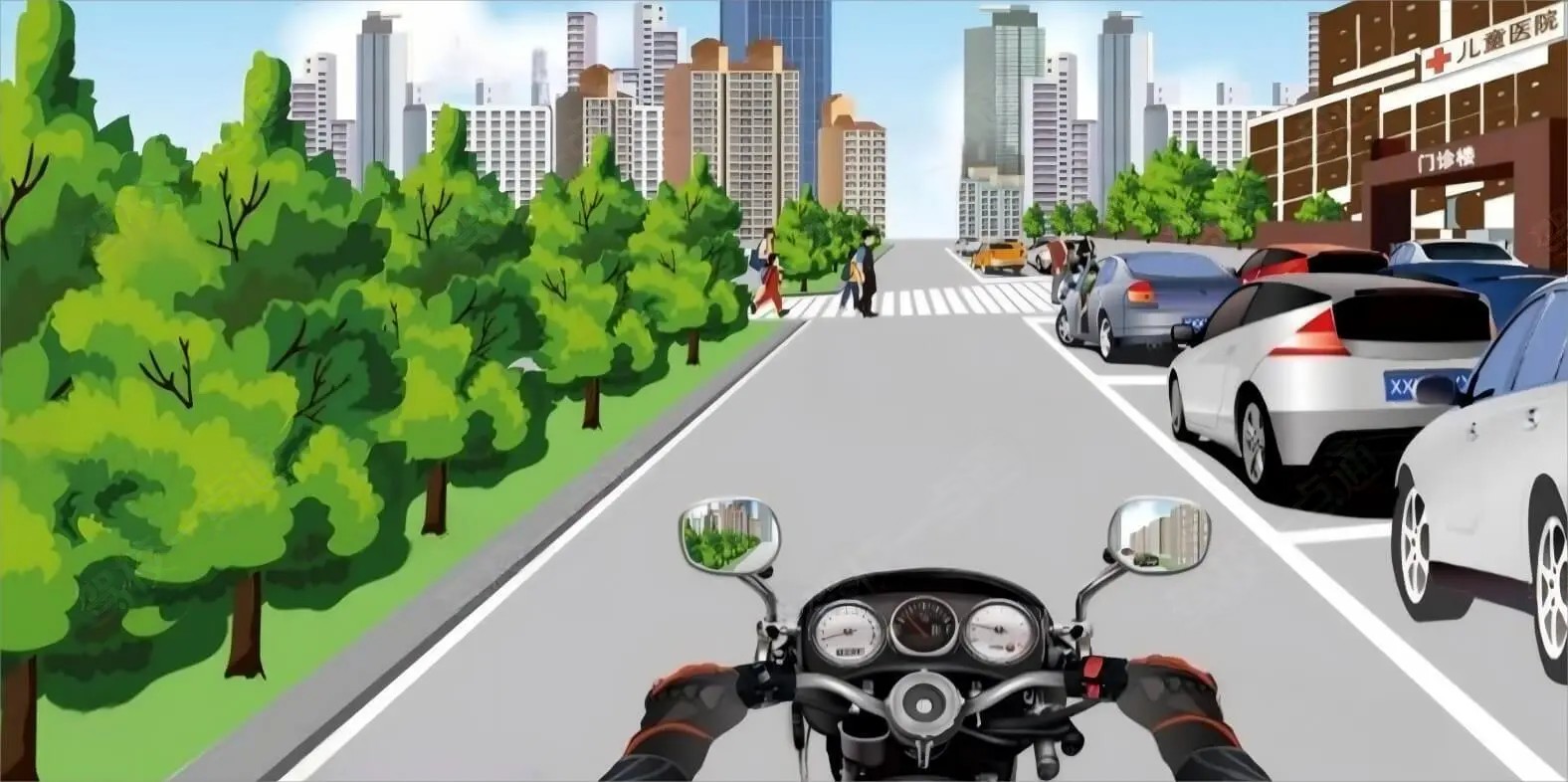 驾驶摩托车经过图中道路时，应该预防右前方车辆突然开车门。