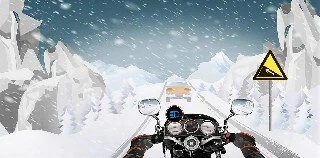 驾驶摩托车遇图中山区冰雪道路前车正在爬坡，以下做法正确的是（…