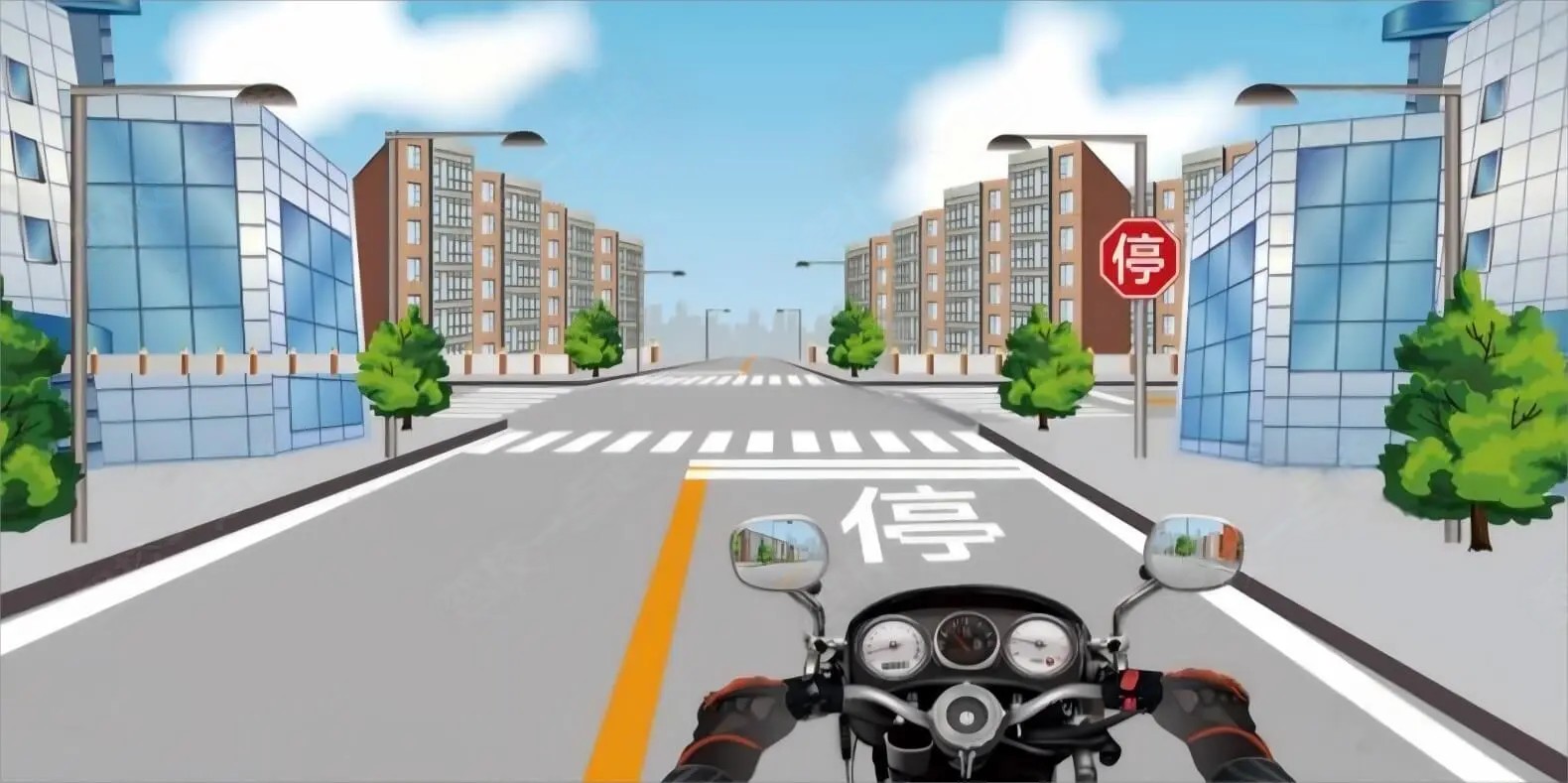 驾驶摩托车遇图中右侧交通标志时，以下哪种做法正确？