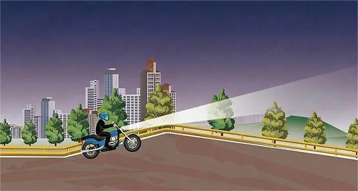 如图所示，夜间驾驶摩托车遇灯光照射离开路面,前方可能到达坡顶…