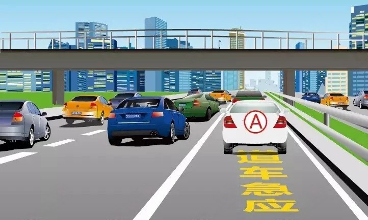 在城市快速路上通行，图中A车的违法行为是（）。