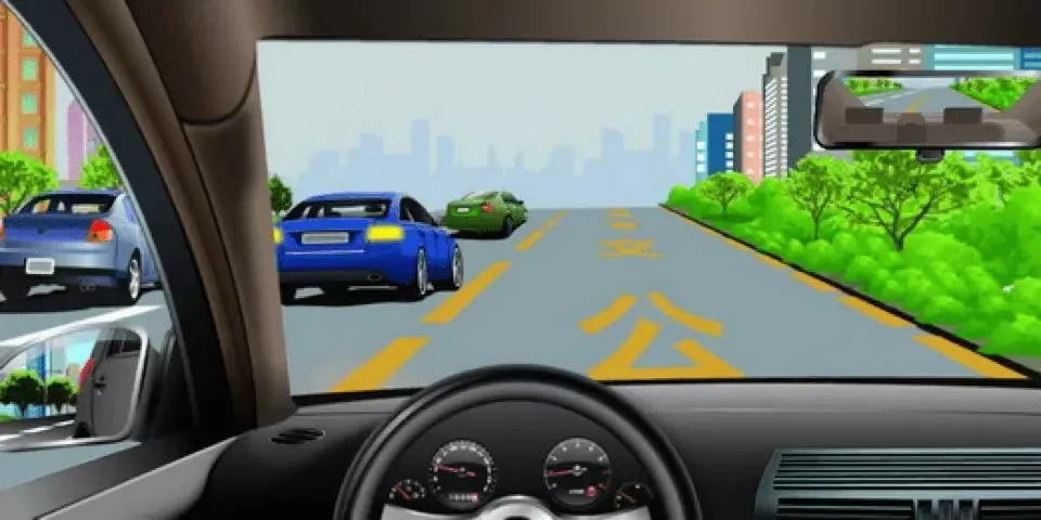 驾驶车辆遇图中前方车流行驶缓慢时，可以借用公交专用道超车。