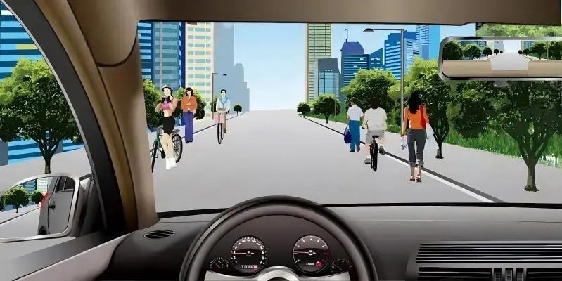在没有划分机动车道、非机动车道和人行道的道路行驶时,应降低行…