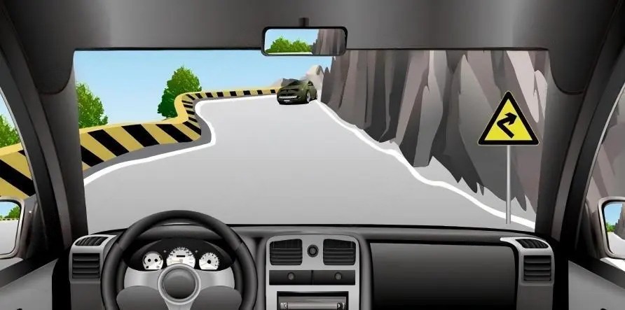 图中山区窄路遇对向来车，以下做法正确的是（）。