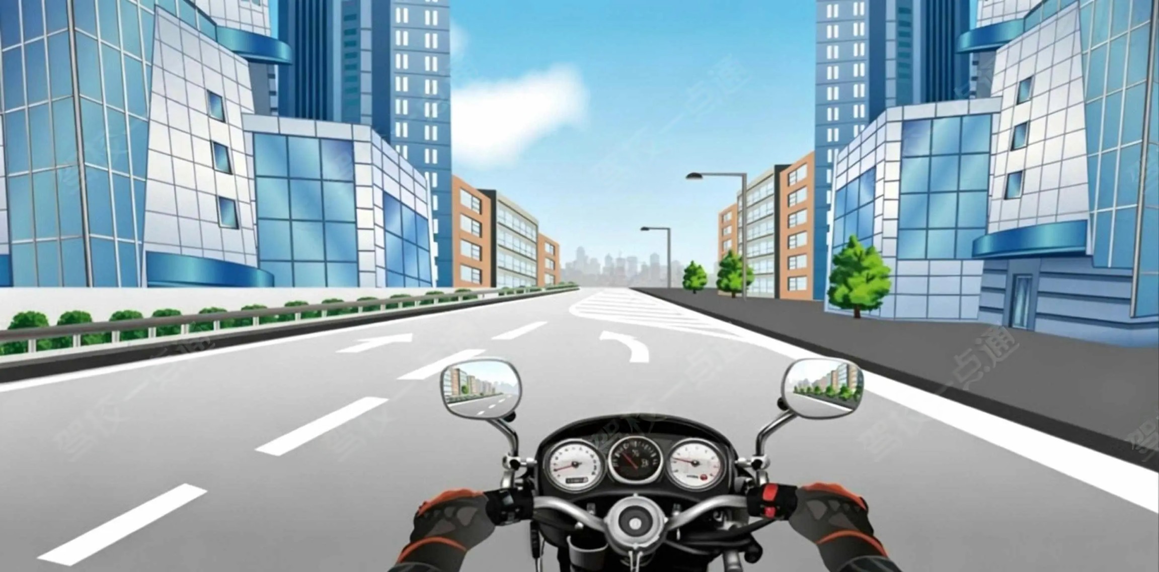 驾驶摩托车遇图中所示车道路面导向箭头时，需注意观察，向左合流…