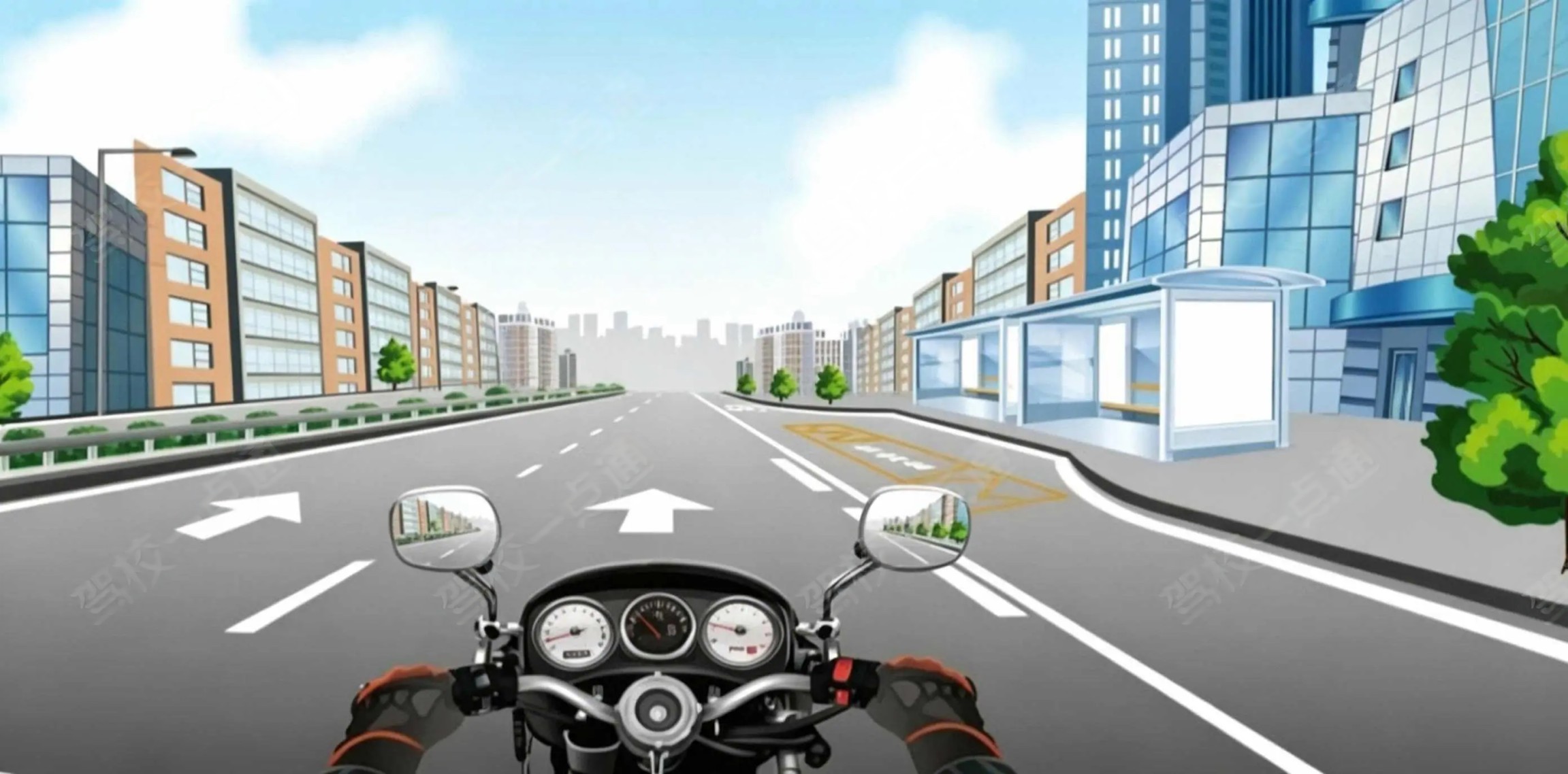 驾驶摩托车遇图中路面右侧黄色矩形标线框，框内允许临时停车。