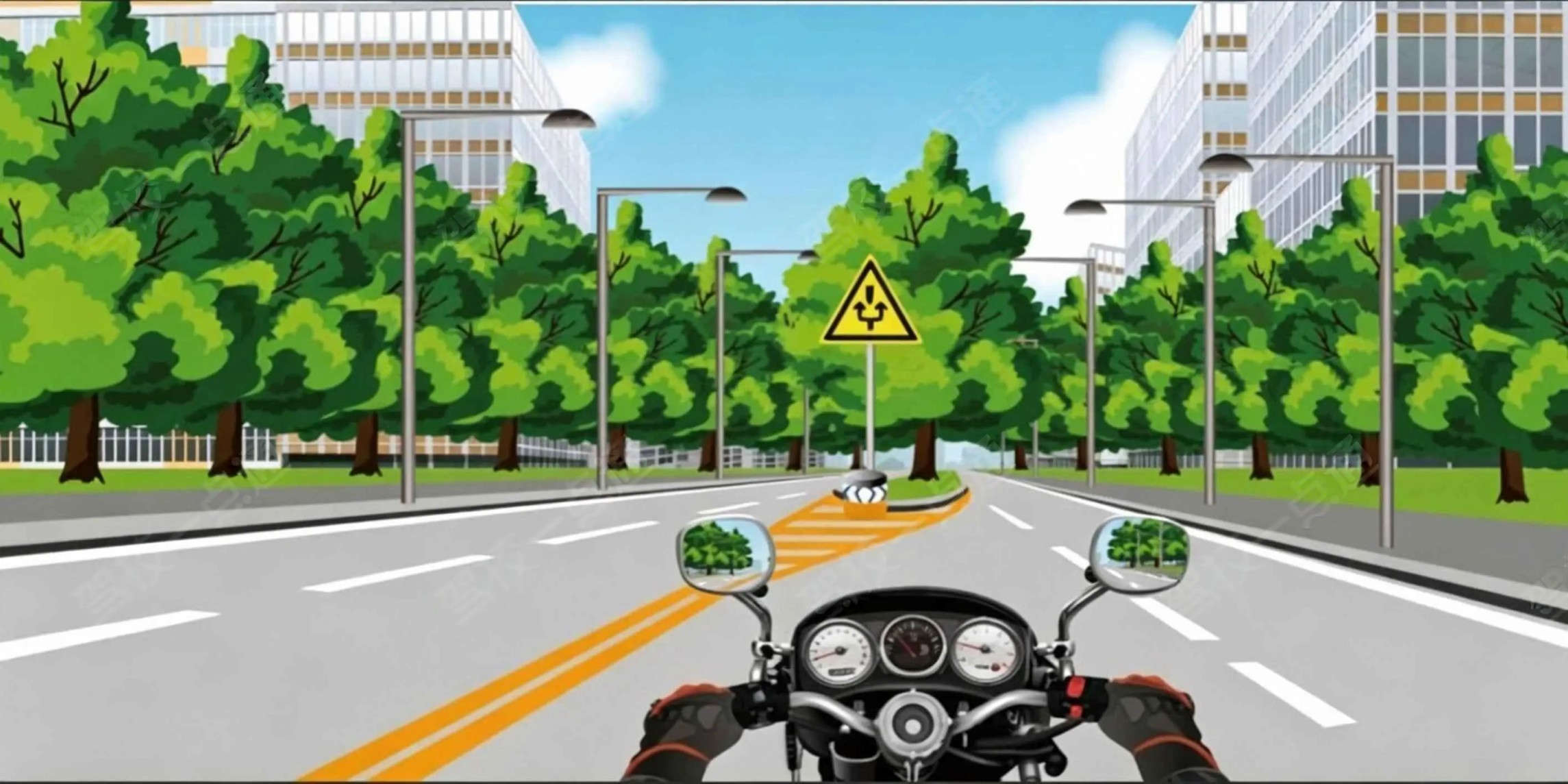 驾驶摩托车遇图中前方交通标志时，应注意前方道路障碍物，谨慎驾…