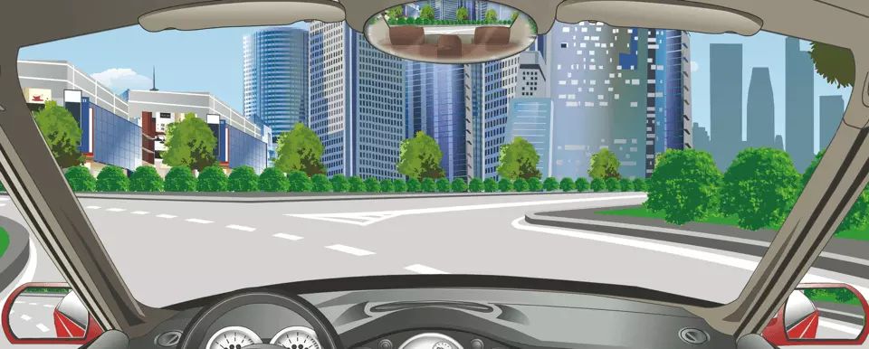 如图所示，驾驶机动车驶出这个环岛路口怎样使用灯光？