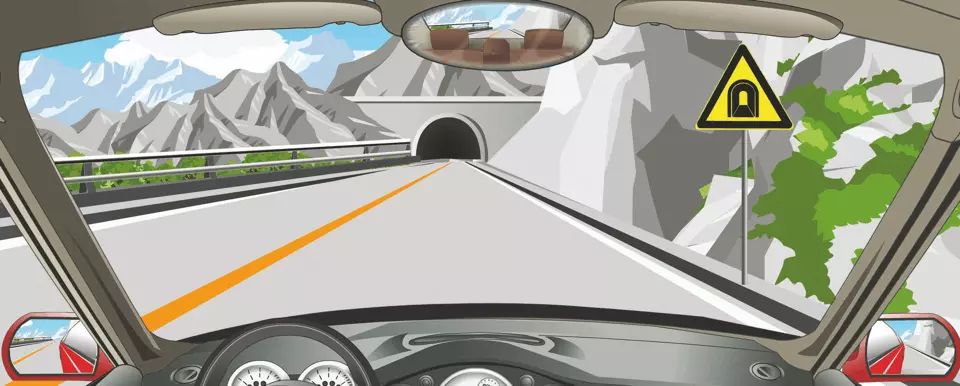 如图所示，右侧这个标志提醒前方是单向行驶隧道。