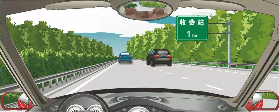 如图所示，右侧标志提示距离设有电子不停车收费车道的收费站1公…