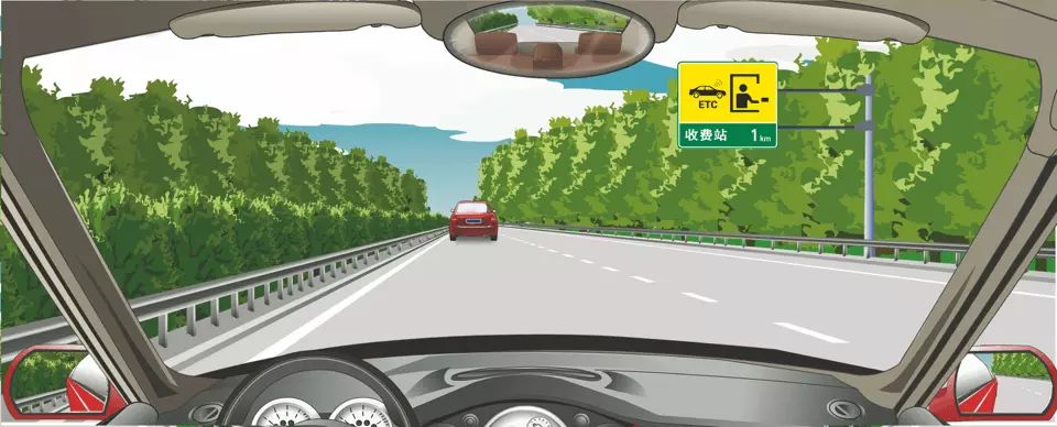 驾车看到图中右侧标志，说明前方1公里处有设置电子不停车收费车…