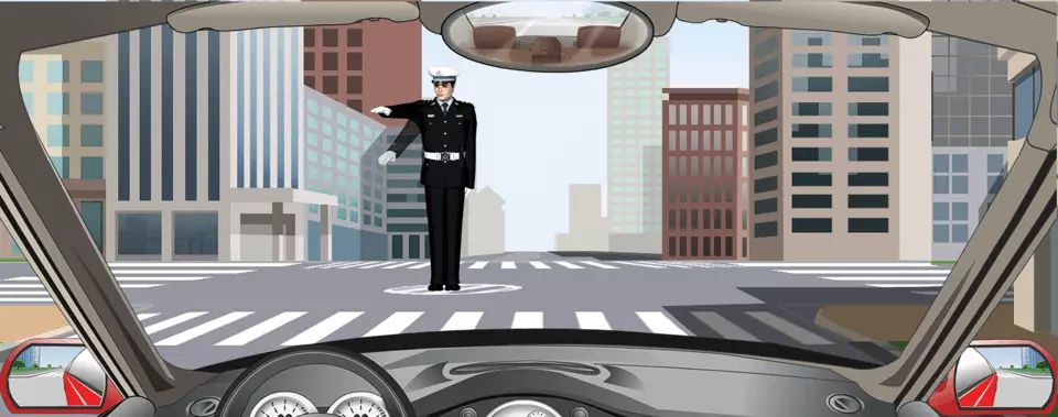 驾车遇图中交警手势信号时，应减速慢行。