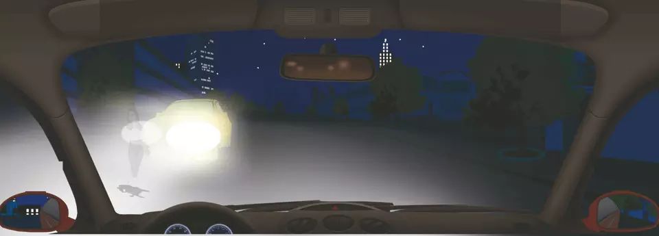 如图所示，夜间会车遇到这种情况要警惕两车前照灯交汇处（视线盲…