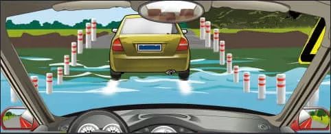 跟车进入一段如图所示的漫水路段时，怎么样是正确的？