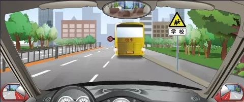 行车中遇到图中所示的停在路边的校车时,怎么做是正确的?