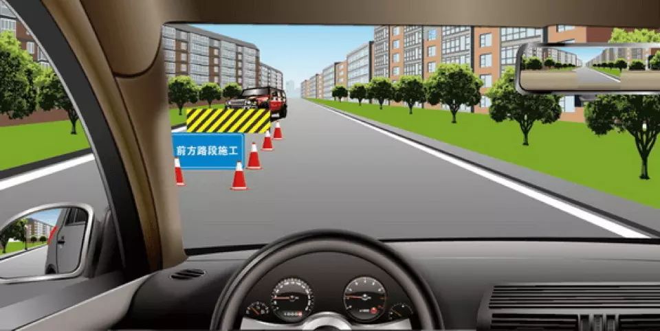 如图所示，驾驶机动车在施工路段遇对向来车时，我方车辆享有优先…