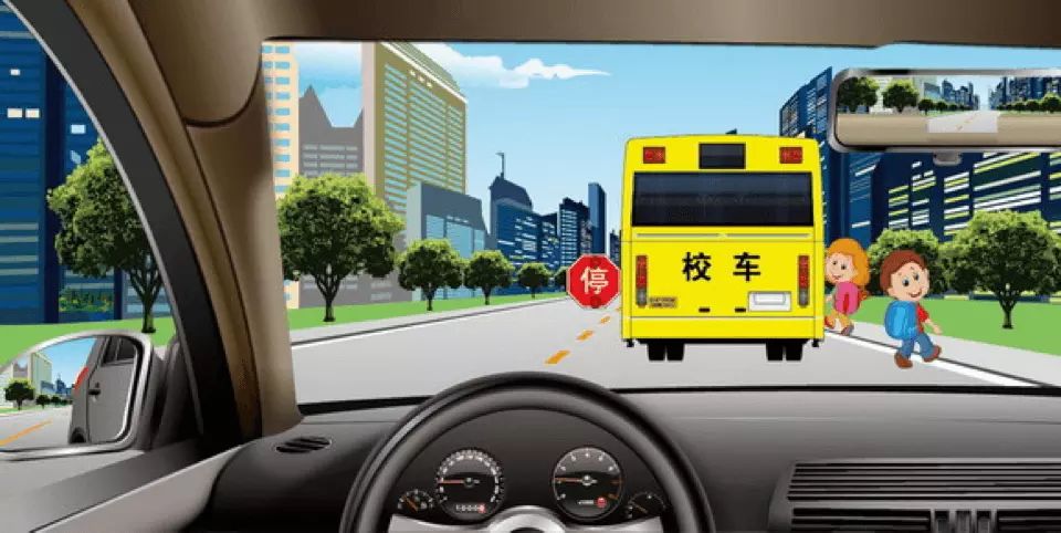 如图所示，驾驶机动车遇到校车停车上下学生时，以下做法正确的是…